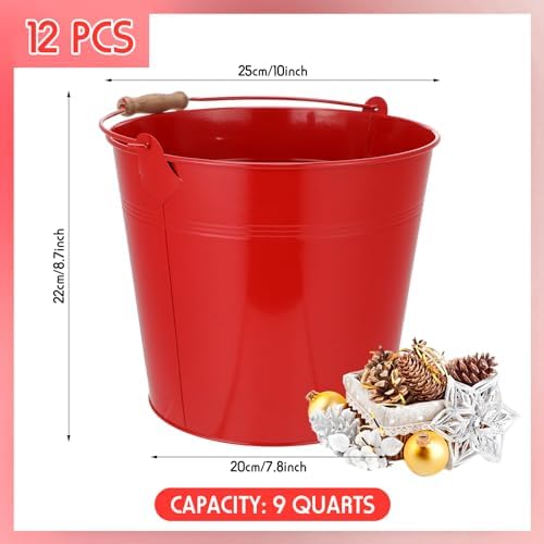 Didaey 12 Pcs Large Galvanized Metal Buckets with Handle 10 Inch Heavy Duty Stainless Steel Pails Round Pail for Party Wedding, Crafts, Utensils, Table Centerpieces (Red)