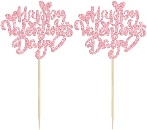 Ephlyn 24Pcs Happy Valentine's Day Cupcake Toppers Glitter Heart Cupcake Pick Decorations Valentine Cupcake Topper for Happy Valentine's Day Birthday Party Cake Decorations Supplies Pink