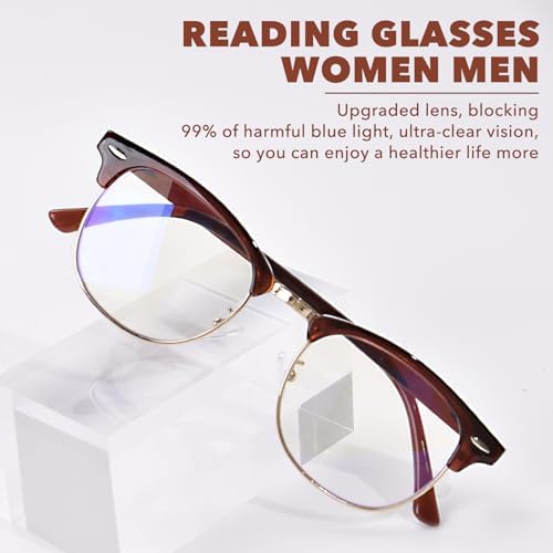 OPTOFENDY Reading Glasses for Women Men, Half Frame Retro Semi Rimless Blue Light Blocking Computer Readers, Clear Lens