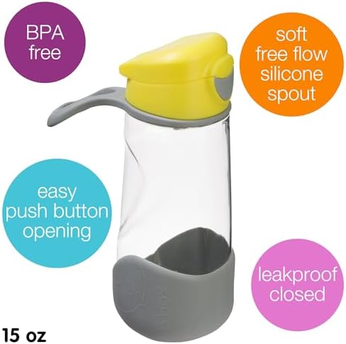 b.box 15oz Sport Spout Kids Water Bottle for School, Sports, Daycare - No-Straw Design for Easy Cleaning - Leakproof - Ergonomic Triangle Grip - Dishwasher Safe, BPA Free, PFAS Free - Lemon Sherbet