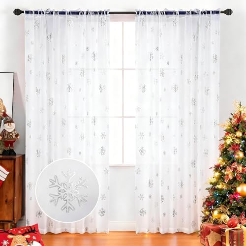 MikiUp Christmas Snowflakes Sheer Curtains, Silver Foil Printed Semi Sheer Drapes, Rod Pocket Xmas Decoration Window Treatment Panels for Bedroom Living Room, White 52 x 72 inch
