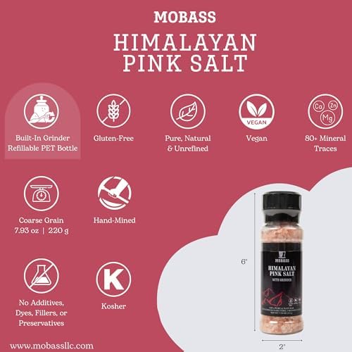 Mobass Himalayan Pink Salt Grinder 8 Oz | Premium Natural Rock Salt, Unrefined & Non-GMO | Refillable Bottle | Rich in 84+ Trace Minerals | Perfect for Dining Tables and Everyday Cooking