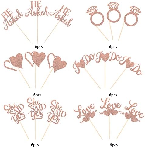36 Pack He Asked She Said Yes Cupcake Toppers Glitter Ring Love Heart I do Cupcake Food Picks for Wedding Engagement Bridal Shower Party Cake Decorations Supplies Rose Gold