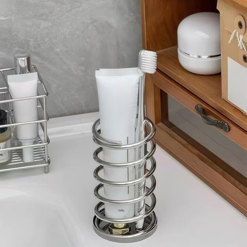 Toothbrush Holder with Base Spring Shape Stainless Steel Pen Holder Bathroom Tabletop Makeup Brush Organizer Toothbrush Stand