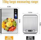 33lb Digital Kitchen Scale Large Weighing Area (9 in), Diyife Professional Electronic Food Scale, Stainless Steel Household Scale, Touch Control, LCD Display, Hangable, 6 Units, Tare, with Batteries