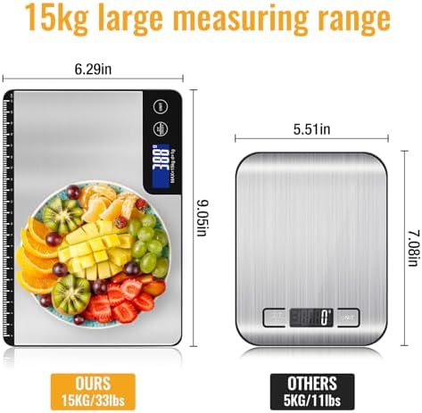 33lb Digital Kitchen Scale Large Weighing Area (9 in), Diyife Professional Electronic Food Scale, Stainless Steel Household Scale, Touch Control, LCD Display, Hangable, 6 Units, Tare, with Batteries