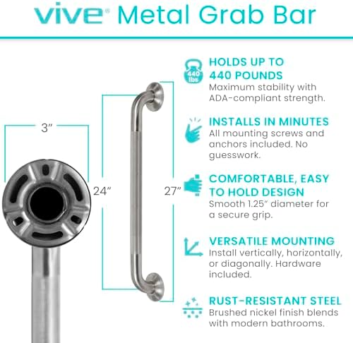 Vive Grab Bar for Bathtubs and Showers (Textured) - Handicap Bathroom Safety Rail for Elderly - Wall Handle for Tub, Toilet, & Bath - Disability Assist Device Accessory Handrail