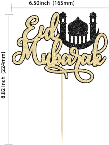 Ephlyn 1Pcs Eid Mubarak Cake Topper Glitter Moon Star Ramadan Kareem Eid Cake Decoration for Islamic Muslim Theme Party Decorations Supplies Gold