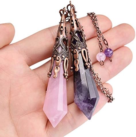 Jovivi 2pcs Natural Amethyst Rose Quartz Crystal 12 Facted Therapy Healing Dowsing Divination Pendulum - Reiki Charged Chakra Balancing Pendant with Chain
