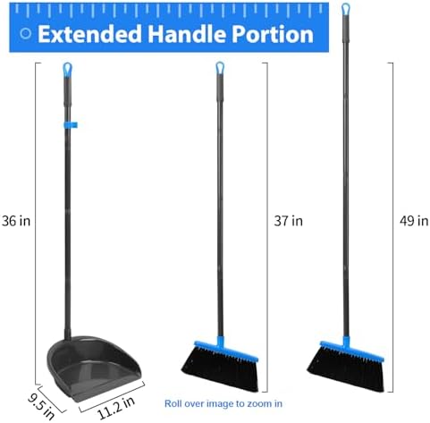 Broom and Dustpan Set ，Long Handle Broom with Upright Standing Dust pan for Indoor Outdoor Home Kitchen Office Floor Cleaning