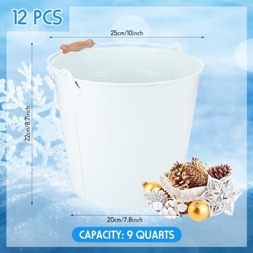 Didaey 12 Pcs Large Galvanized Metal Buckets with Handle 10 Inch Heavy Duty Stainless Steel Pails Round Pail for Party Wedding, Crafts, Utensils, Table Centerpieces (White)