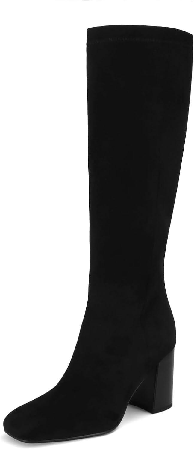SOVANYOU Women's Faux Leather Tall Boots Fashion Square Toe Chunky Heel Knee High Boots with Side Zip