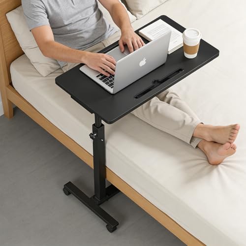 Eocnrhe Adjustable Overbed Bedside Table, Hospital Bed Table with Wheels, Portable Rolling Desk, Mobile Small Standing Desk, Rolling Laptop Stand, Computer Cart