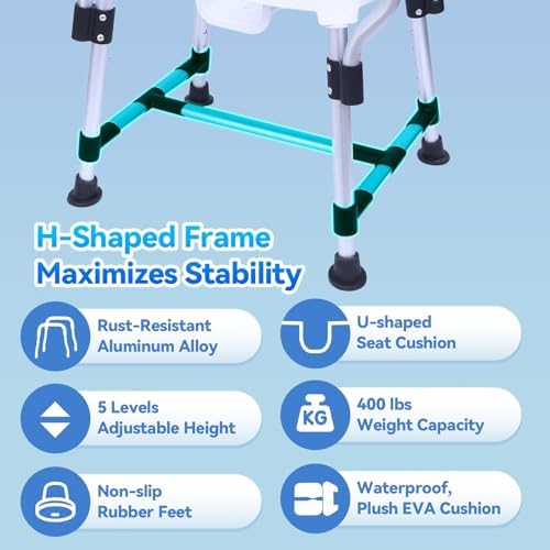 U-Shaped Shower Chair for Elderly & Disabled, Heavy Duty Shower Chair with Back and Arms, Height Adjustable Bath Seat, Non-Slip Feet, 400 lbs Capacity, Tool-Free Assembly