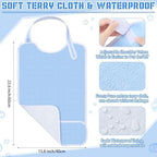 Threlaco 3 Pack Unisex Adults Bib for Seniors Elderly Women Men Waterproof Bib Eating Cloth Adjustable Reusable Clothing Protector with Crumb Catcher and Pocket for Disabled, Machine Washable, Blue