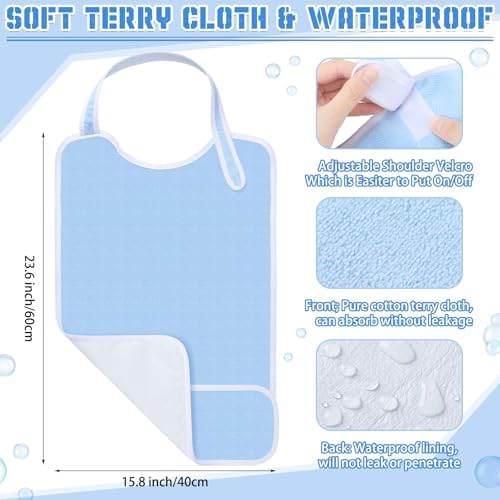 Threlaco 3 Pack Unisex Adults Bib for Seniors Elderly Women Men Waterproof Bib Eating Cloth Adjustable Reusable Clothing Protector with Crumb Catcher and Pocket for Disabled, Machine Washable, Blue
