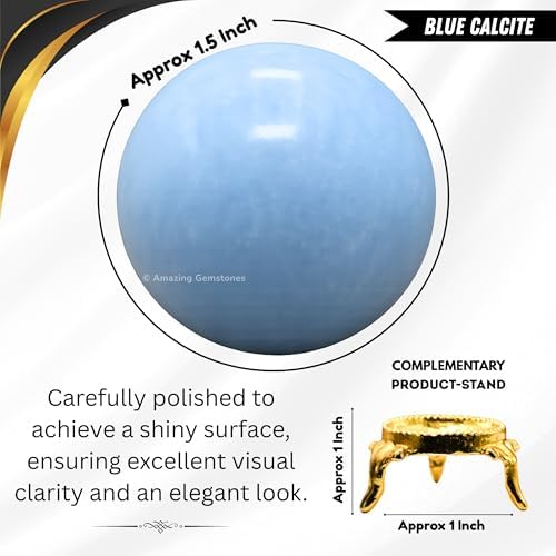 Amazing Gemstone Blue Calcite Crystal Ball with Stand - 1.5" Inches Crystal Sphere Meditation Balls for Witchcraft and Decorative Balls
