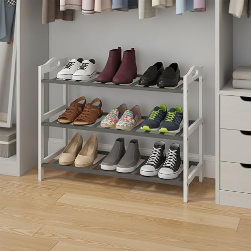 Relaxdays Bamboo Shoe Rack, HxWxD: 48 x 70 x 25 cm, 3 Tiers for 9 Pairs of Shoes, Open Design, Natural Finish