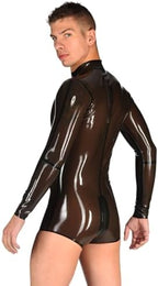 Transparent Black Men Latex Catsuit Front Zipper Long Sleeve Short Leg Tight One Piece Bodysuit Jumpsuit