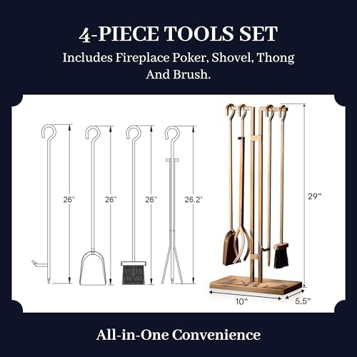 2WAYZ FLAMELY 5-Piece Fireplace Tools Set - Includes Fire Poker, Shovel, Brush, Tongs, Stand - Heavy-Duty Fireplace Accessories and Fire Tools for Indoor or Outdoor Use