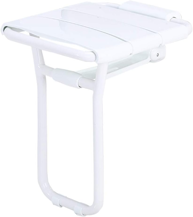 White Shower Seat with Leg, Wall Mount Folding Bathroom Stool Fold Up Changing Shoes Stool Bath Chair for Adults Elderly Disabled, Max 200kg
