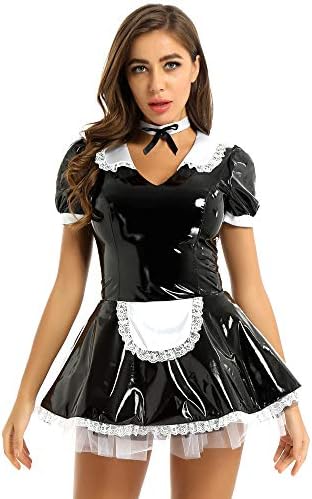 easyforever Women's Wet Look Patent Leather Lace Trim French Maid Fancy Dress Costume Cosplay Outfits