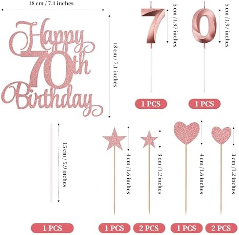 70th Birthday Cake Decorations, 70th Birthday Candles Cake Numeral Candles and Glitter Happy 70th Birthday Cake Toppers Set for Birthday Party Supplies (Rose Gold)