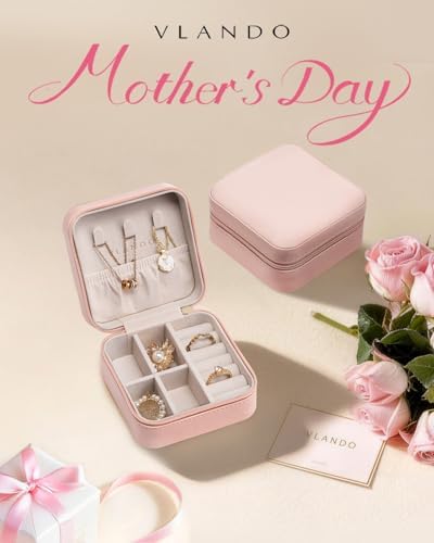 VLANDO Travel Jewelry Case - Mothers Day Mom Gifts for Women - Small Jewelry Travel Organizer Box Travel Essentials Gift for Teen Girl Women - Pink