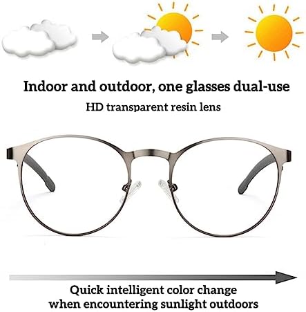0.25 Photochromic Reading Glasses Outdoor Sunglasses Readers Round Metal Lightweight UV Filter Aspherical Lens 1.25+