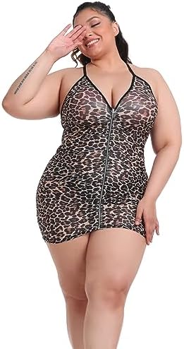 Plus Size Sheer Stretch Mesh Babydoll Dress Zipper Shirring Halter Chemise Curvy Sexy Lingerie for Women