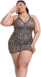 Plus Size Sheer Stretch Mesh Babydoll Dress Zipper Shirring Halter Chemise Curvy Sexy Lingerie for Women