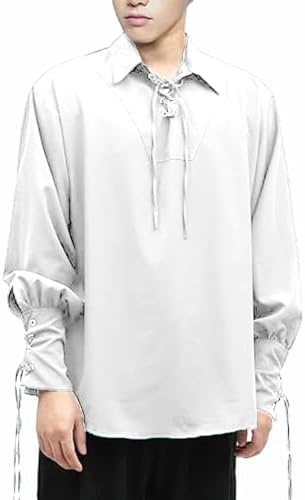 Men's Medieval Pirate Shirt, Viking Steampunk Costume Victorian Lace Up Shirts Halloween Renaissance Gothic Cosplay Tops