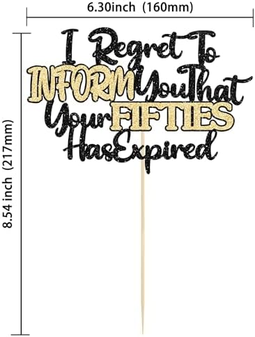 Ephlyn 1Pcs Happy 60th Birthday Cake Topper Black Gold Glitter I Regret to Inform You That Your Fifties Has Expired Cake Pick Cheers to 60 Years Cake Decorations for Funny 60th Birthday Party Supplies