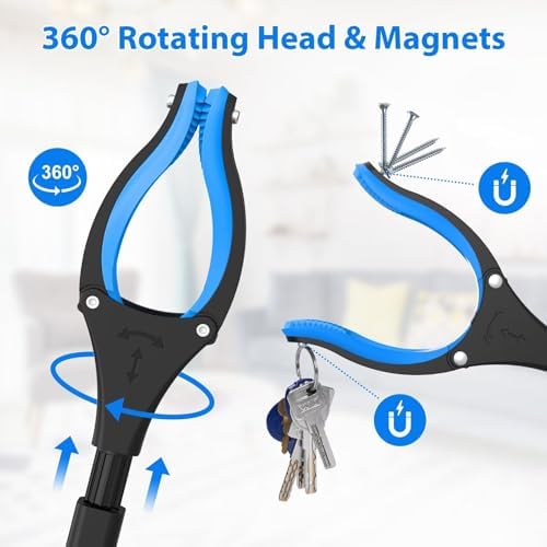 43" Grabber Reacher Tool, Foldable Reacher Grabber Pickup Tool with 360° Rotating Jaw & Two Magnets, Extra Long Trash Picker Upper Grabber, Extension Grabbers for Seniors, Blue