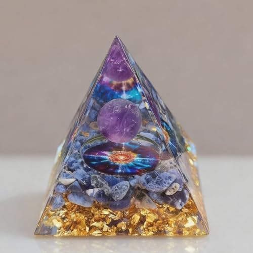 5 Inch Crystal Resin Pyramid, Handmade Amethyst Blue Crystal Art Decor for Home Office Spiritual Gift