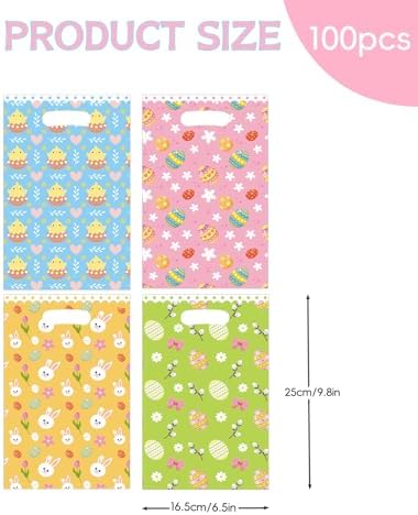 Jocomoni 100Pcs Easter Gift Bag Plastic Treat Bag with Handle Egg Bunny Candy Bags Colorful Goodie Bags for Easter Party Favor Supplies Classroom Gift Exchange