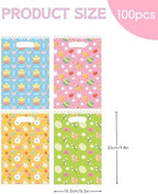 Jocomoni 100Pcs Easter Gift Bag Plastic Treat Bag with Handle Egg Bunny Candy Bags Colorful Goodie Bags for Easter Party Favor Supplies Classroom Gift Exchange