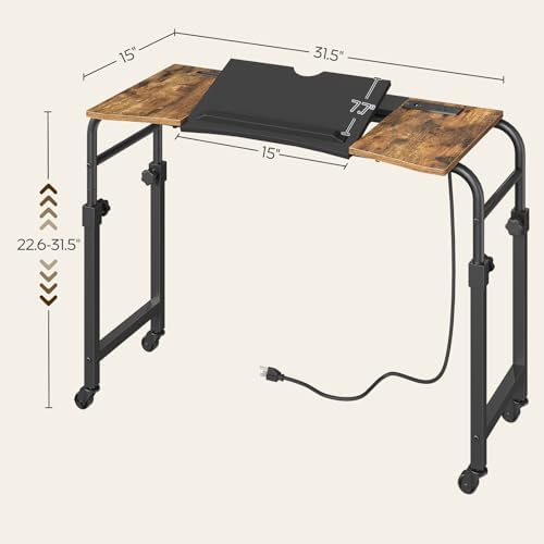 Overbed Table with Charging Station, Recliner Table with Wheels, Over the Bed Table Height Adjustable, Side Table for Bed, Sofa, Office, Rustic Brown and Black SF05UBR