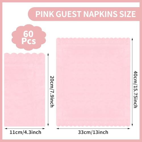 60 Pcs Pink Napkins, 2 Ply Scalloped Napkins Light Pink Disposable Guest Hand Towels for Bathroom Paper Party Dinner Napkin for Mother's Day, Wedding, Baby Bridal Shower, Birthday