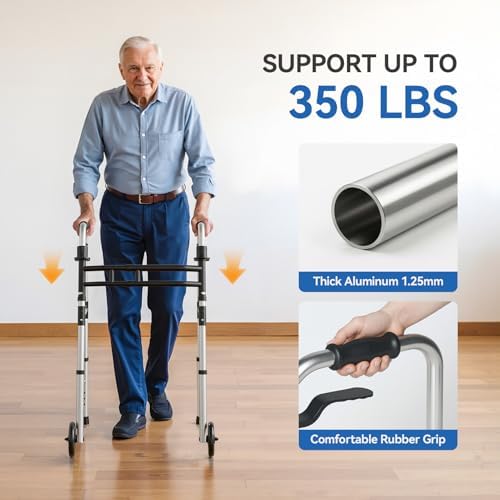 Folding Walkers for Seniors，Medical Bariatric Walker Lightweight 5'' Front Wheel Walker Height and Width Adjustable Aluminum Standard Walker for Handicap