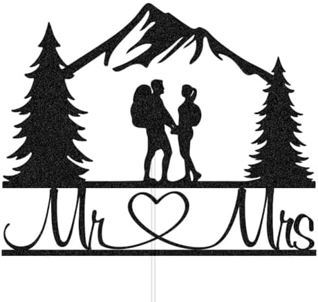 Mountain Mr & Mrs Wedding Cake Topper, Black Glitter Hiking Theme Wedding Party Decoration, Black Backpacking Bride and Groom Silhouettes Cake Toppers
