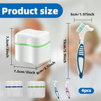 Denture Cleaner Box and Brush Set - 2 Pack Denture Bath Case with Basket + 2 Pack Denture Brush, Portable Denture Retainer Storage Box, False Teeth Brushes for Oral Care (Green and Dark blue)
