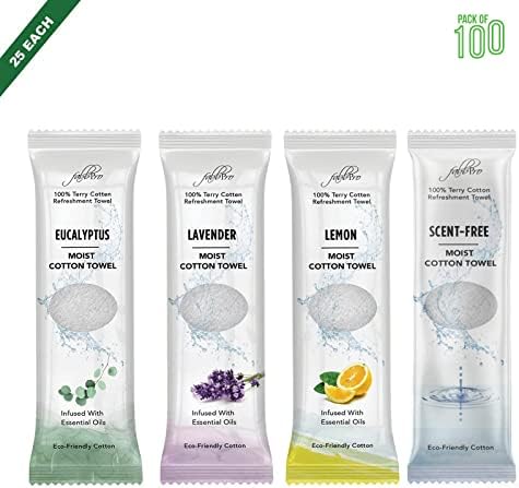 Oshibori Moist Terry Cotton Refreshment Towels (100 Pack,8x8 Inches)-White Scented Pre-moistened Essential Oil Infused Towel to Use Hot or Cold – Unscented, Lavender, Lemon & Eucalyptus Scents