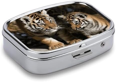 Siberian Tiger Pill Box 2 Compartment - Small Metal Medicine Organizer Portable Pill Case for Purse Pocket Travel Vitamin Organizer for Men Women, BPA-Free