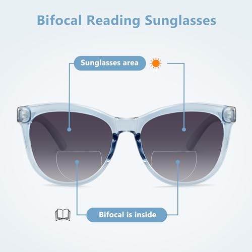 EASY READ Bifocal Reading Sunglasses for Women，Fashion Sun Readers UV400 Protection(Magnification 2.00,Blue)