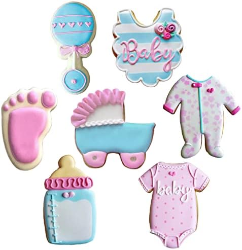 Ann Clark 7-Pc. Baby Shower Cookie Cutter Set, Made in USA, Baby Onesie, Footie Pajamas, Bottle, Rattle, Bib, Footprint and Carriage