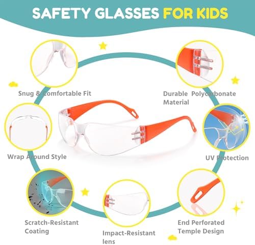 Kids Safety Glasses 24 Pack, ANSI Z87.1 Bulk Clear Lens Child Protective Glasses Scratch and Impact Resistant Youth Safety Goggles with Multicolor Frame for School Science DIY
