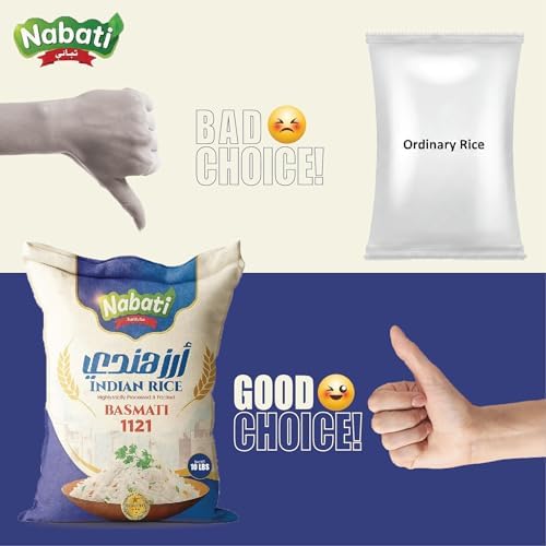 Nabati Pure Basmati 1121 Indian Rice, Premium Aromatic and Authentic Rice, Large Resealable Bag, 10 Pound Bag, White