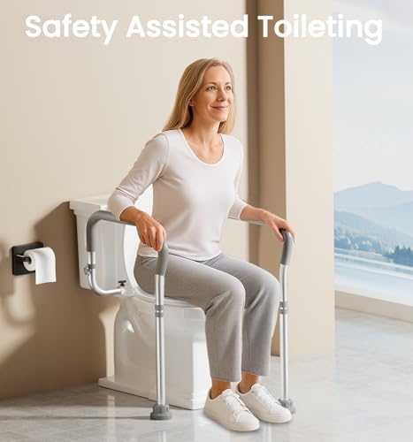 HOMLAND Toilet Safety Rail for Seniors with Adjustable Height & Width, Toilet Safety Frame with Handles, 350LB Toilet Support Rail for Handicap and Disabled, Grey