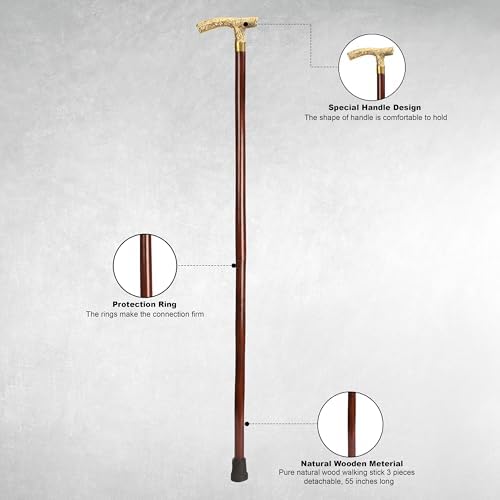 Ajuny Wooden Walking Stick for Men Women Seniors Lightweight Detachable 36 Inches Handmade Cane with Decorative Fritz Style Brass Handle Unique Gift for Adults